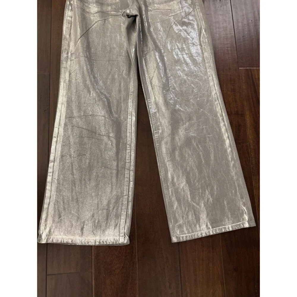 Gianni Bini Girls Foiled Metallic Denim Pants gray silver straight wide legs 16
